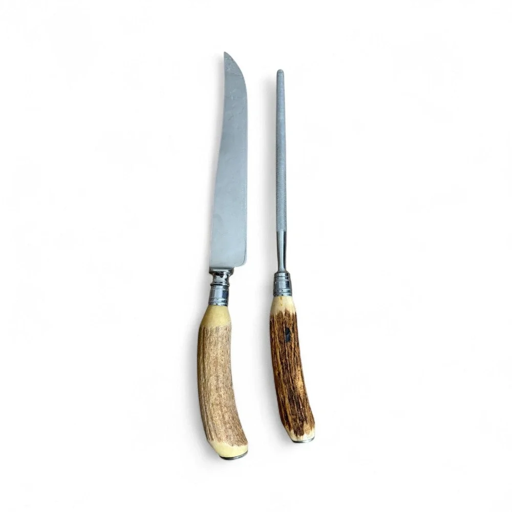 Royal Brand Sheffield England Carving Knife and Sharpener‎ Set Stag Handle
